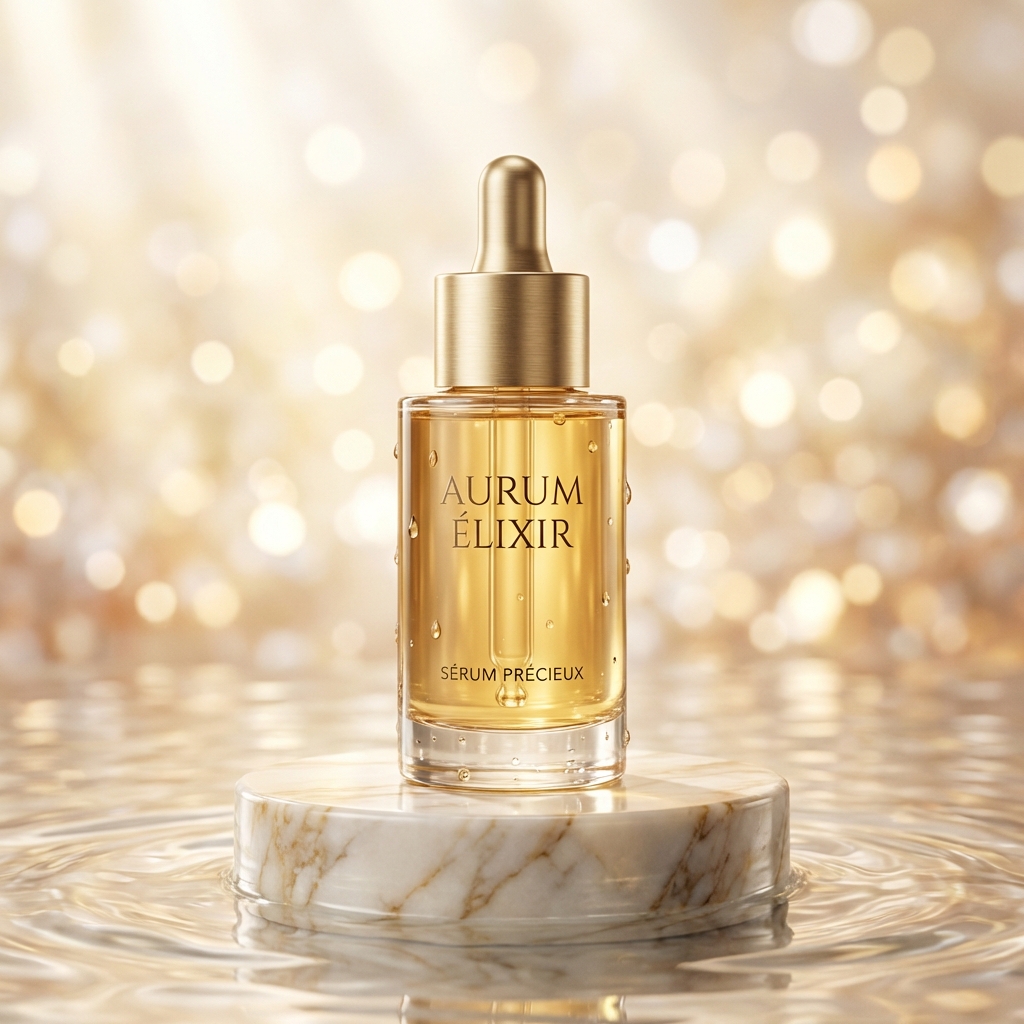 Botella de suero dorado de lujo sobre podio de mármol con ondas de agua e iluminación bokeh suave