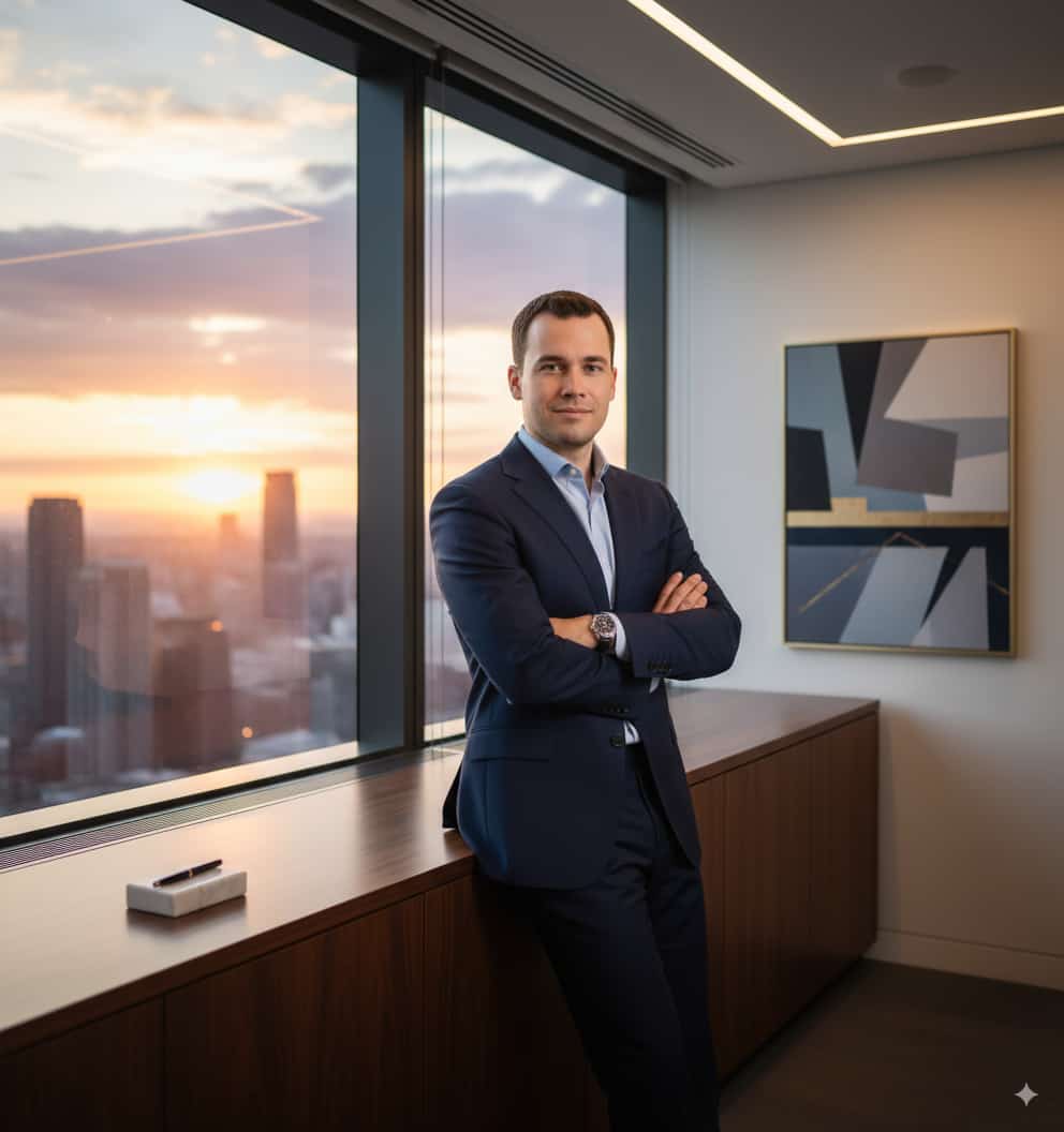 Studio seamless white background headshot.