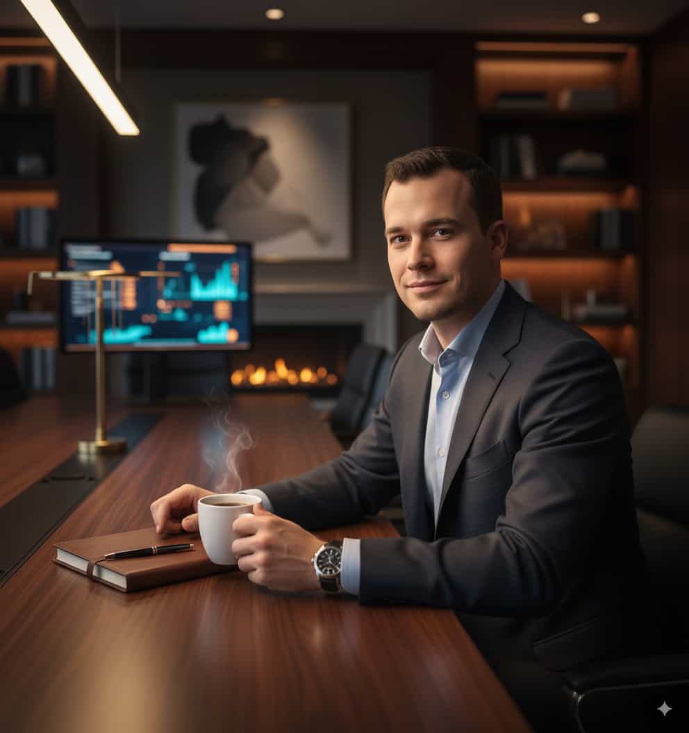 Natural window light headshot with soft backdrop.