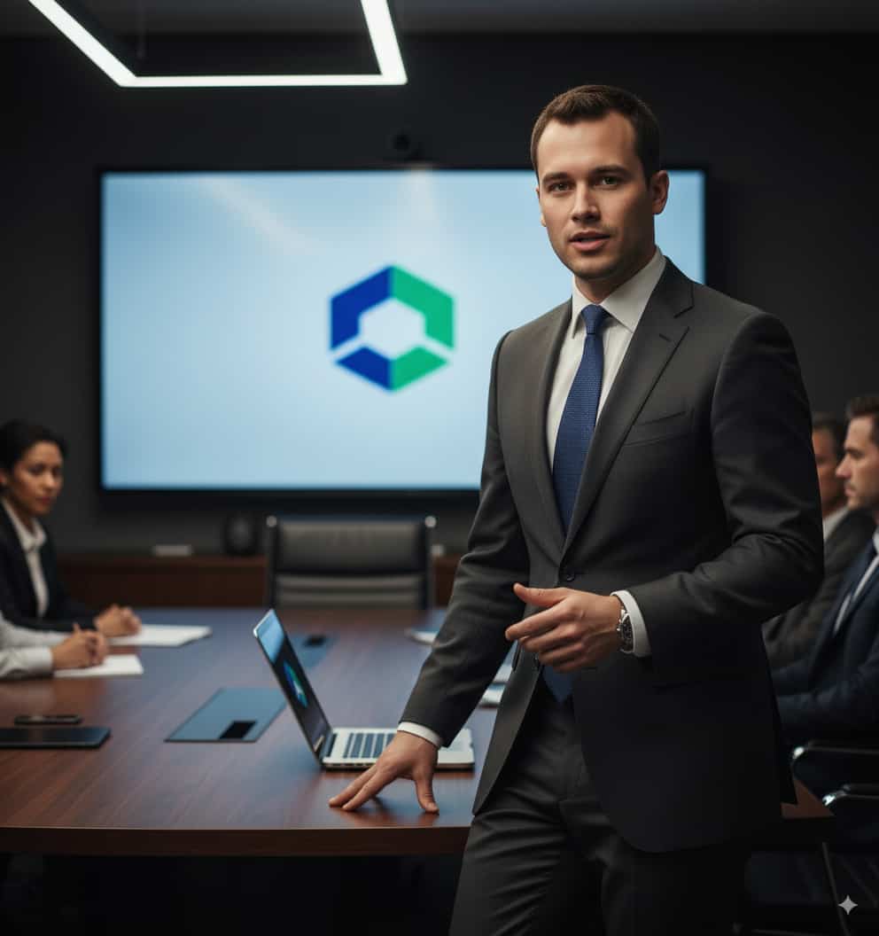 Classic black and white headshot.