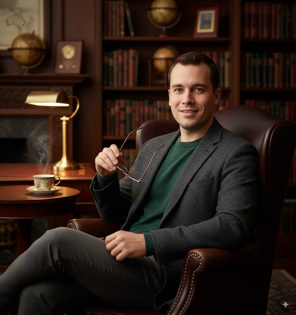 Warm wood panel office background headshot.