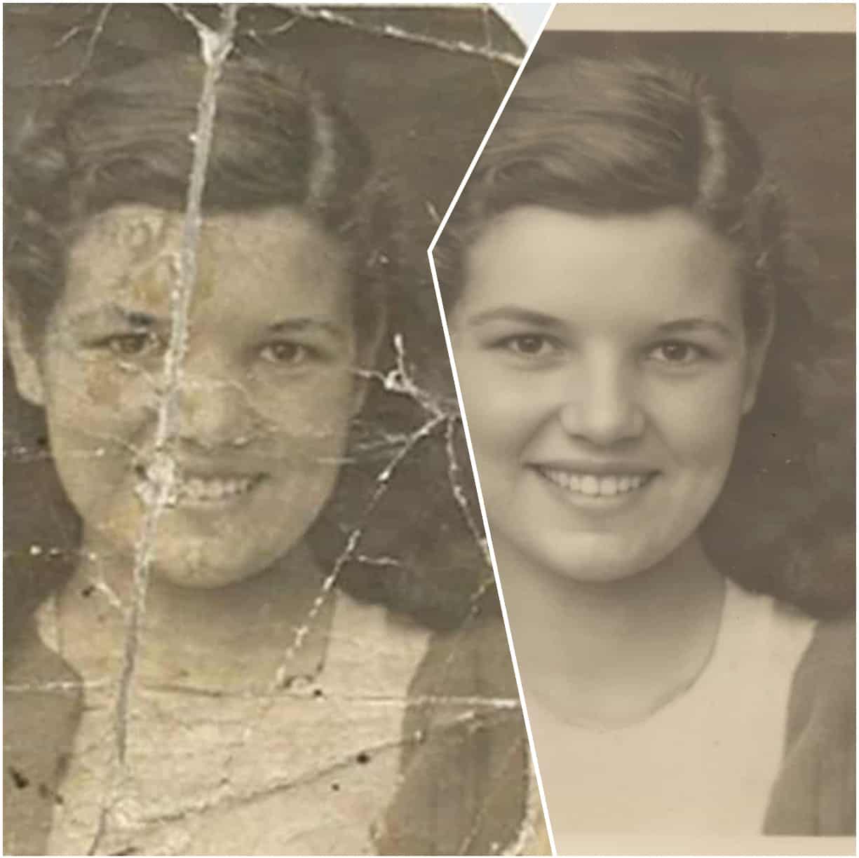 Before and after comparison of restored old family photos using AI technology.