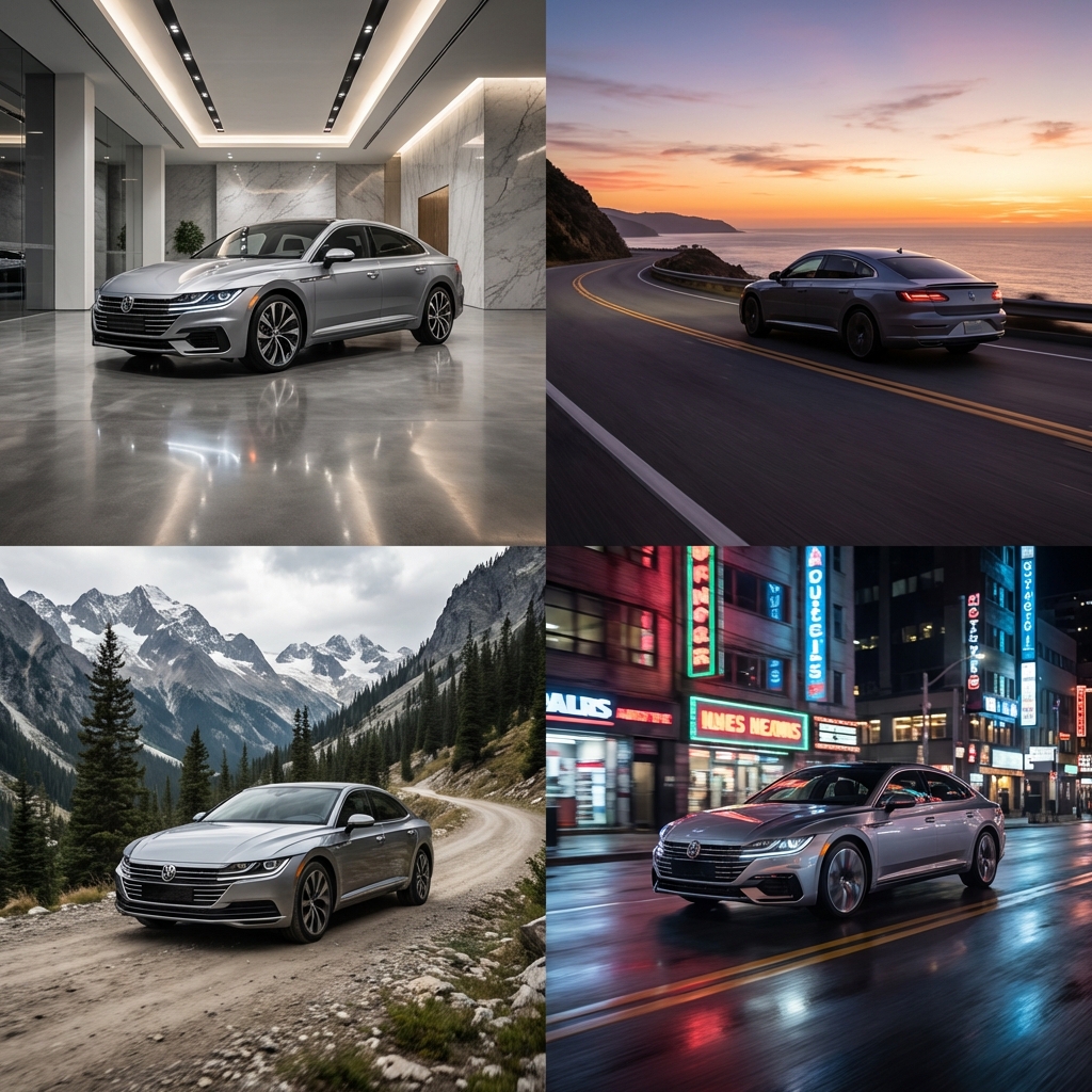 AI-generated vehicle photos showing the same car in showroom, outdoor, and scenic backdrops.
