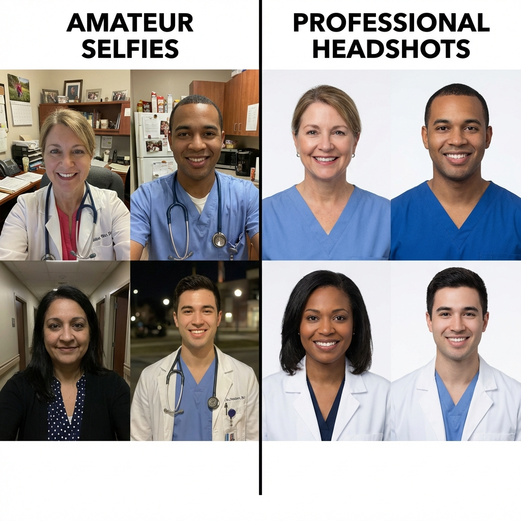 Before and after comparison showing individual staff photos transformed into uniform professional headshots.