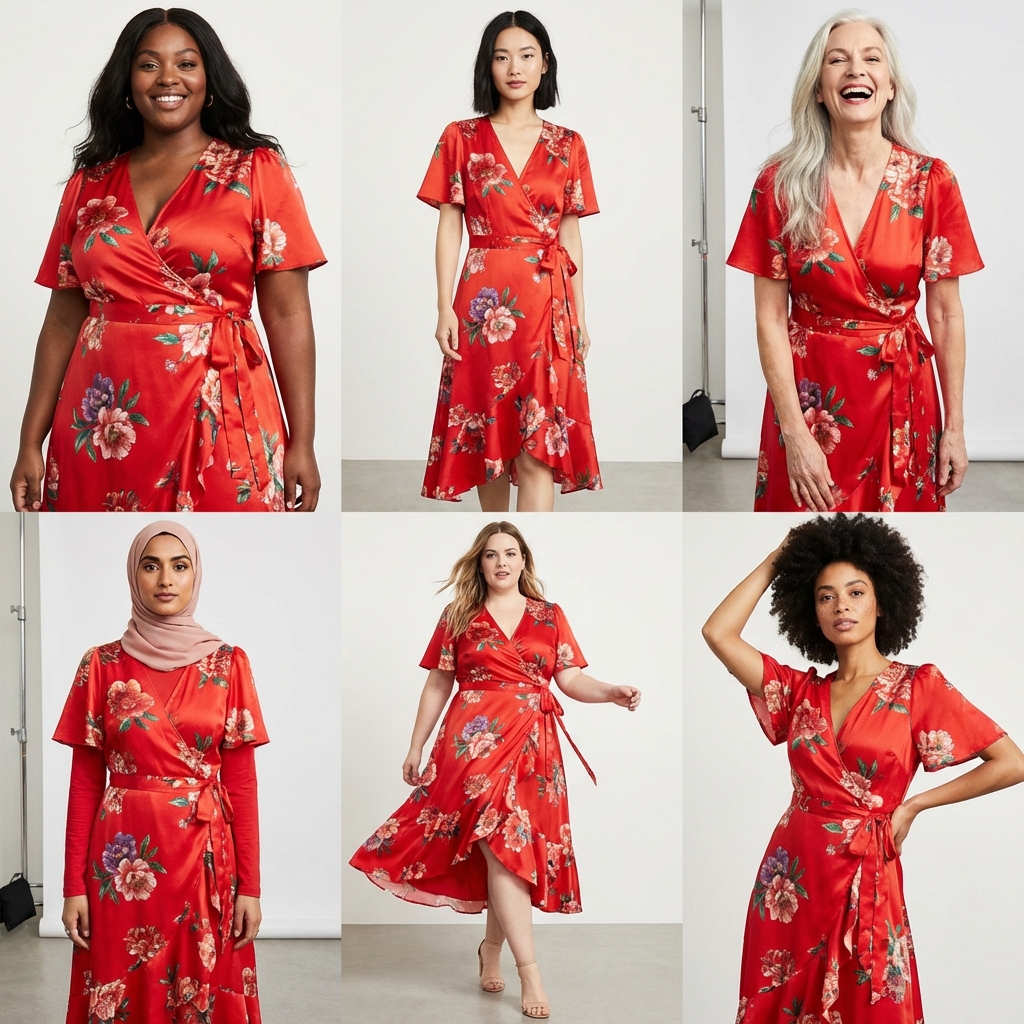 A grid of 6 diverse fashion models wearing the same red floral dress.