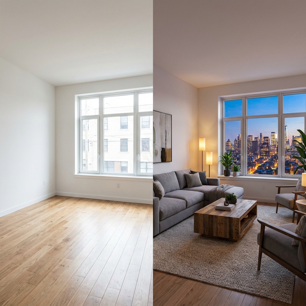 AI virtual staging and twilight real estate photography.