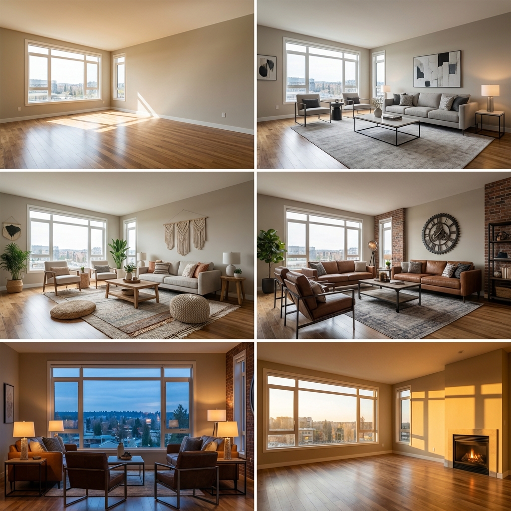 A grid of 6 real estate variations: empty, three staged styles, twilight, and golden hour views.