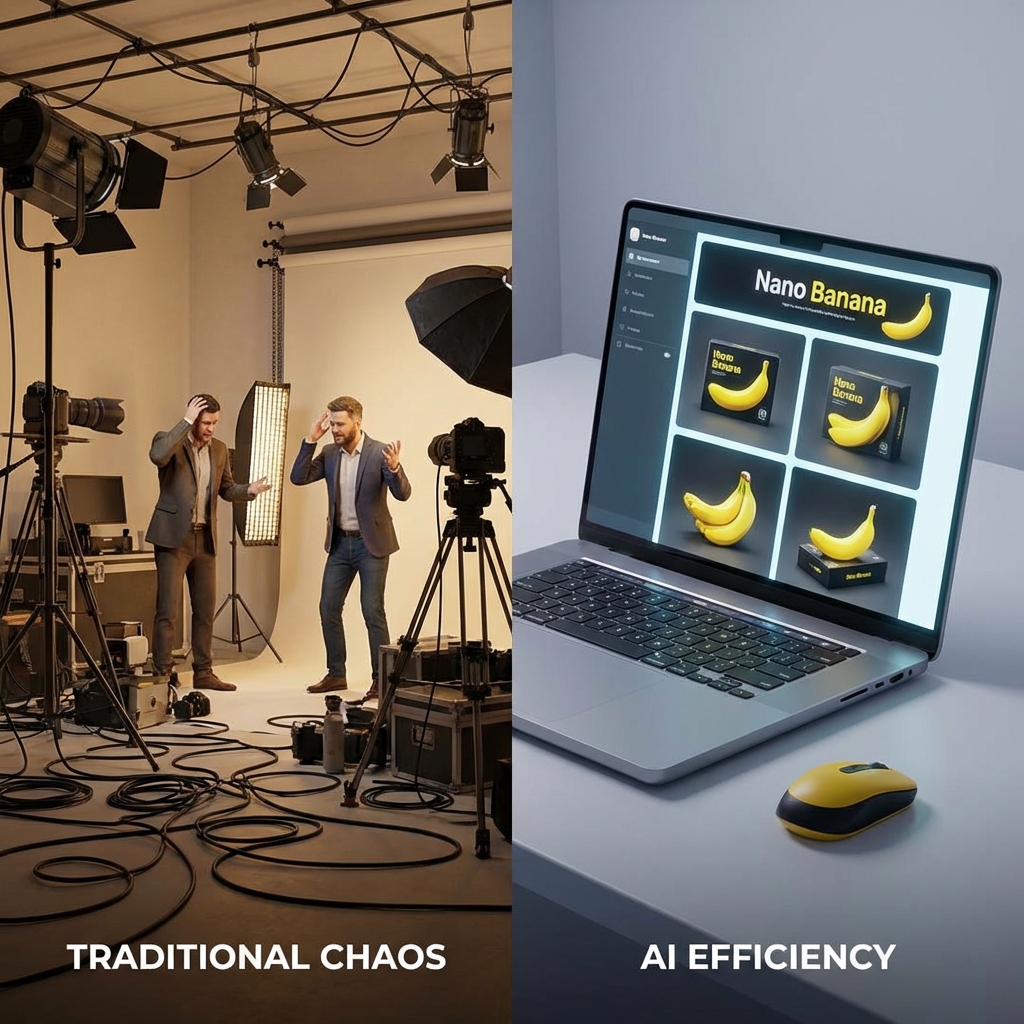 Comparison of chaotic traditional photography studio vs sleek AI generation workflow